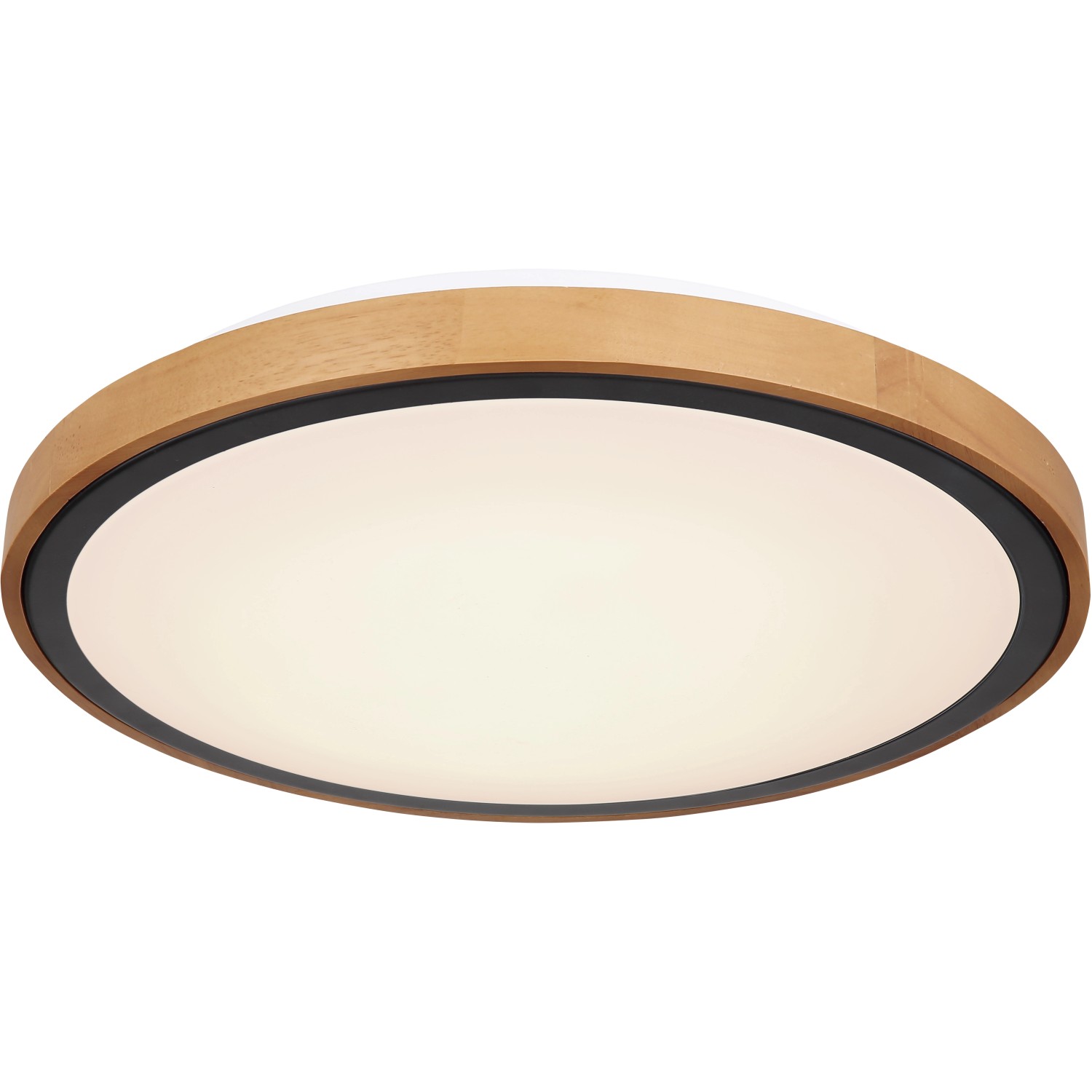 Runde LED-Deckenleuchte Bruno mit Holzrahmen und schwarzem Rand.
