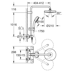 Technische Zeichnung Grohe Duschsystem Tempesta Cosmopolitan 210 Chrom mit Maßen.