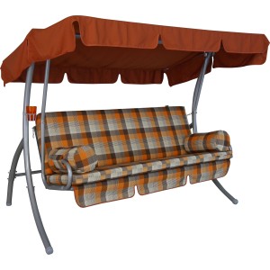 Angerer Hollywoodschaukel Trend Glasgow Terrakotta Grau 3-Sitzer mit karierten Kissen und Sonnendach.