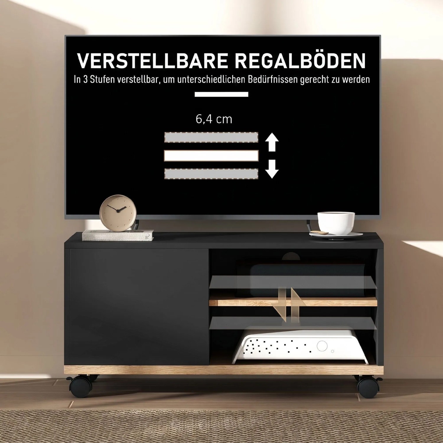 Modernes HOMCOM TV-Board Schwarz-Eiche auf Rollen. Verstellbare Regalböden für flexiblen Stauraum. Kompakter TV-Schrank.