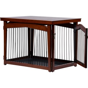 Dunkelbraune Hundebox Indoor mit Tischoberfläche, Tür offen.