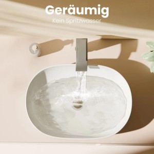 Weißes Emke Keramik-Aufsatzwaschbecken, abgerundetes Rechteck, mit fließendem Wasser aus modernem Hahn. Geräumig.