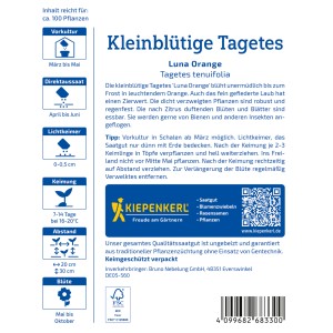 Kiepenkerl Tagetes Luna Orange Samenpackung, orange Blüten.