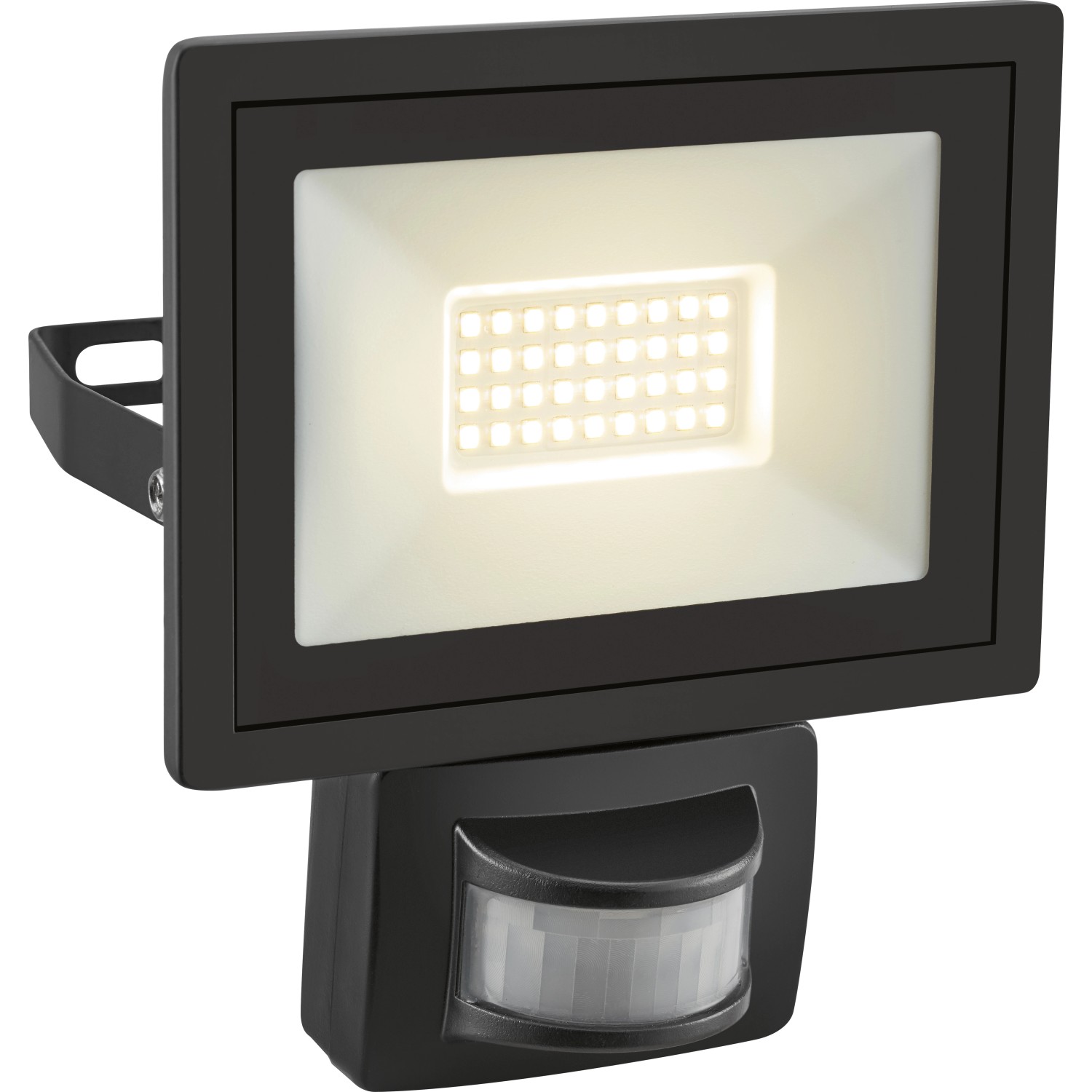 Schwarzer LED Außenstrahler mit Bewegungssensor, 14W, aus Aluminium für den Außenbereich.