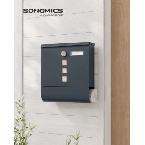 Anthrazitfarbener Songmics Wandbriefkasten mit Zeitungsrolle und Sichtfenster.
