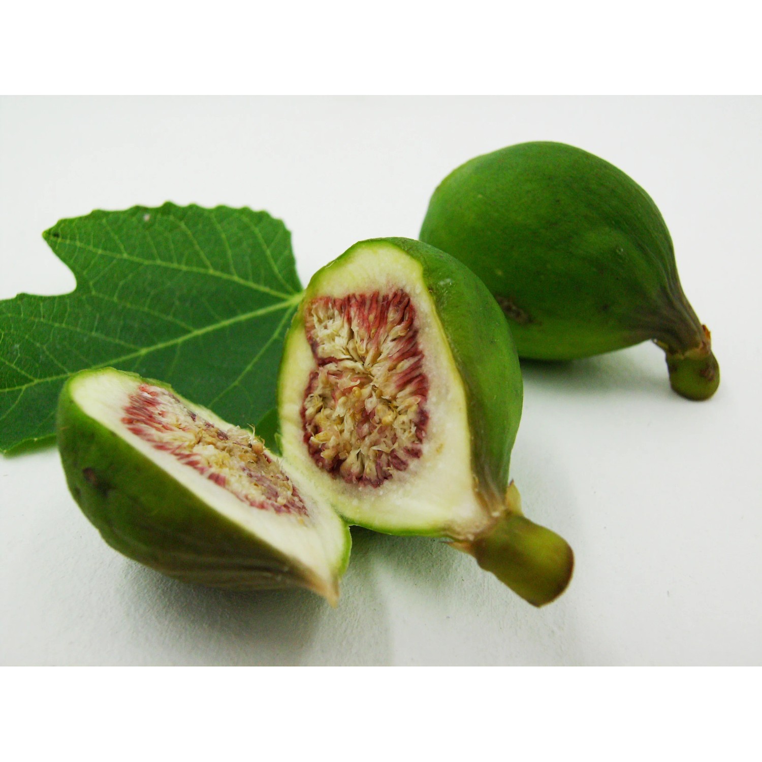 Frische, grüne Echte Feige, halbiert, mit Blatt im Topf (ca. 12 cm Ø).