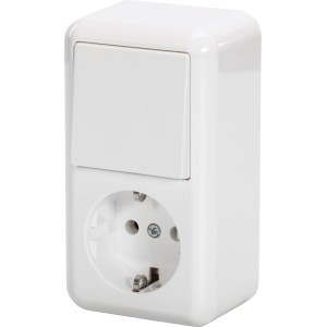 Merten Aufputz Kombination: Schuko-Steckdose und Wechselschalter in Weiß.