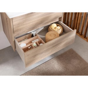 Fackelmann Waschtisch-Set Compact Line, 71 cm, Sonoma Eiche mit offenen Schubladen und Badutensilien.