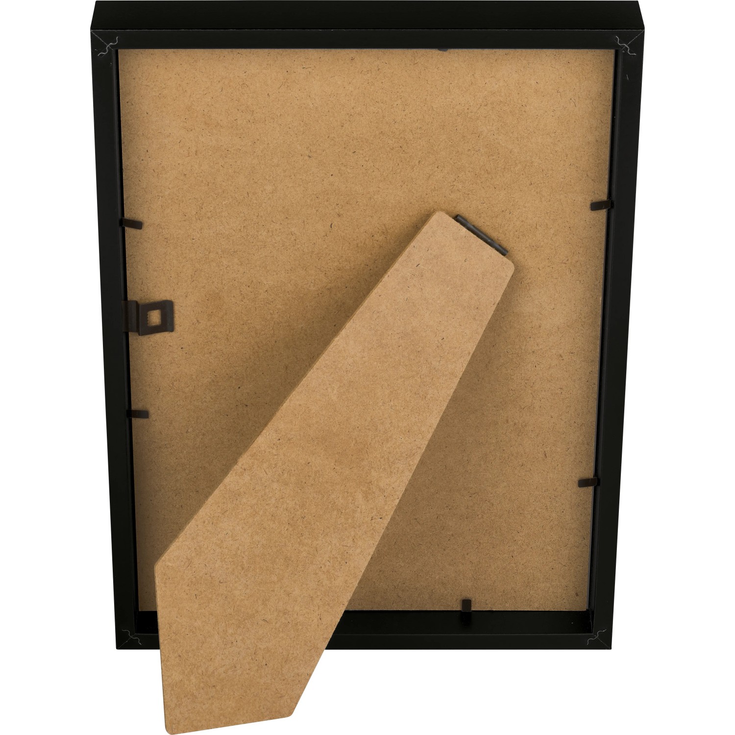 Rückseite eines schwarzen MDF-Bilderrahmens (21x29,7 cm) mit Aufsteller.