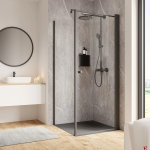 Schulte Dusche Garant 2.0 mit Drehtür und Seitenwand, 200x90x90cm, Mattschwarz, Rechts.