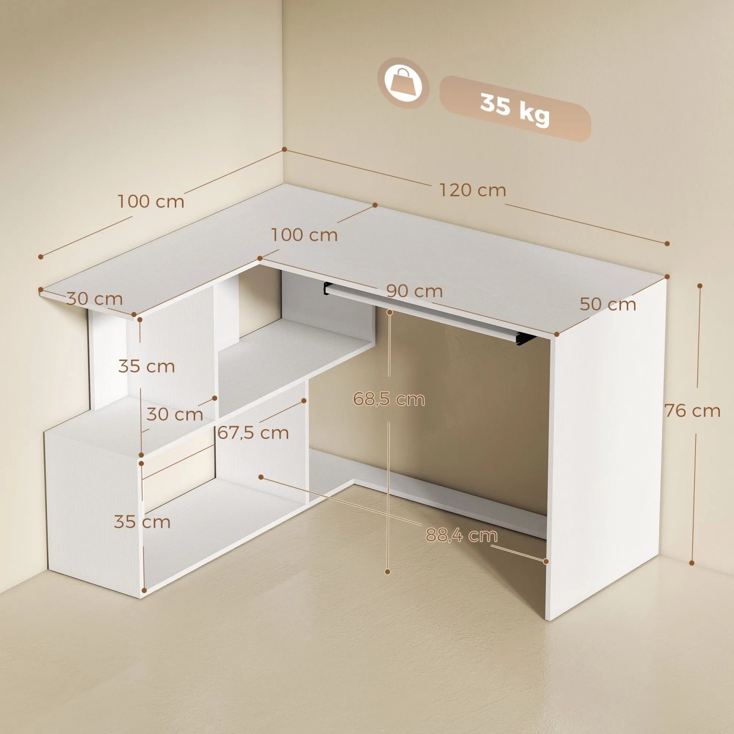 Weißer L-förmiger Computertisch aus Spanplatte mit Regal, Tastaturablage und Maßen 120x100x76 cm für Homeoffice.
