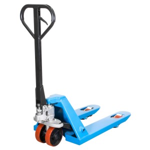 Blauer Güde Gabelhubwagen GHW 2500-80 PU mit Polyurethanrädern.