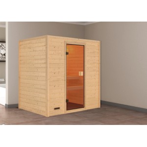 Karibu Sauna Selena Natur: Massivholzsauna mit Glastür und zwei Bänken aus Espenholz.