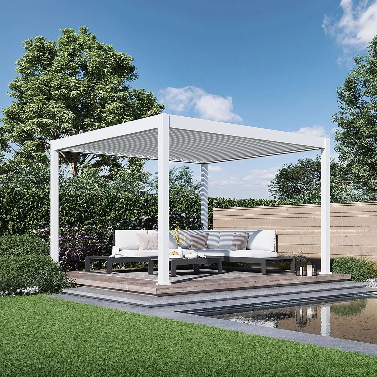 Weißer Aluminium Pavillon mit elektrischem Lamellendach und LED-Beleuchtung im Garten, 3,6x4m Terrassenüberdachung.