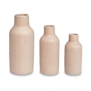 Relaxdays Vasen 3er Set Keramik Beige Gerillt 20 cm x ø 9 cm 18 cm x ø 7,5 cm 14,5 cm x ø 6,5 cm
