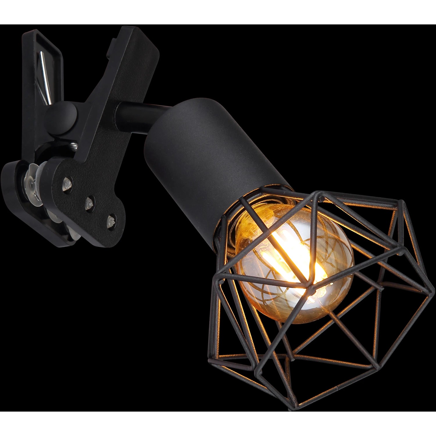 Schwarze Globo Klemmleuchte Xara I mit Metallgeflecht-Schirm und E14 Fassung.