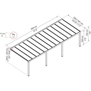 Technische Zeichnung: Palram Canopia Terrassenüberdachung Stockholm 3,4x9,5m mit Maßangaben.
