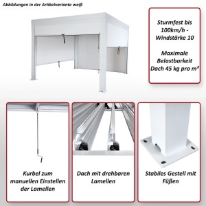 Anthrazitfarbene Pergola 3x3m mit Seitenwand und Lamellendach. Markise mit Kurbel und Rollos.