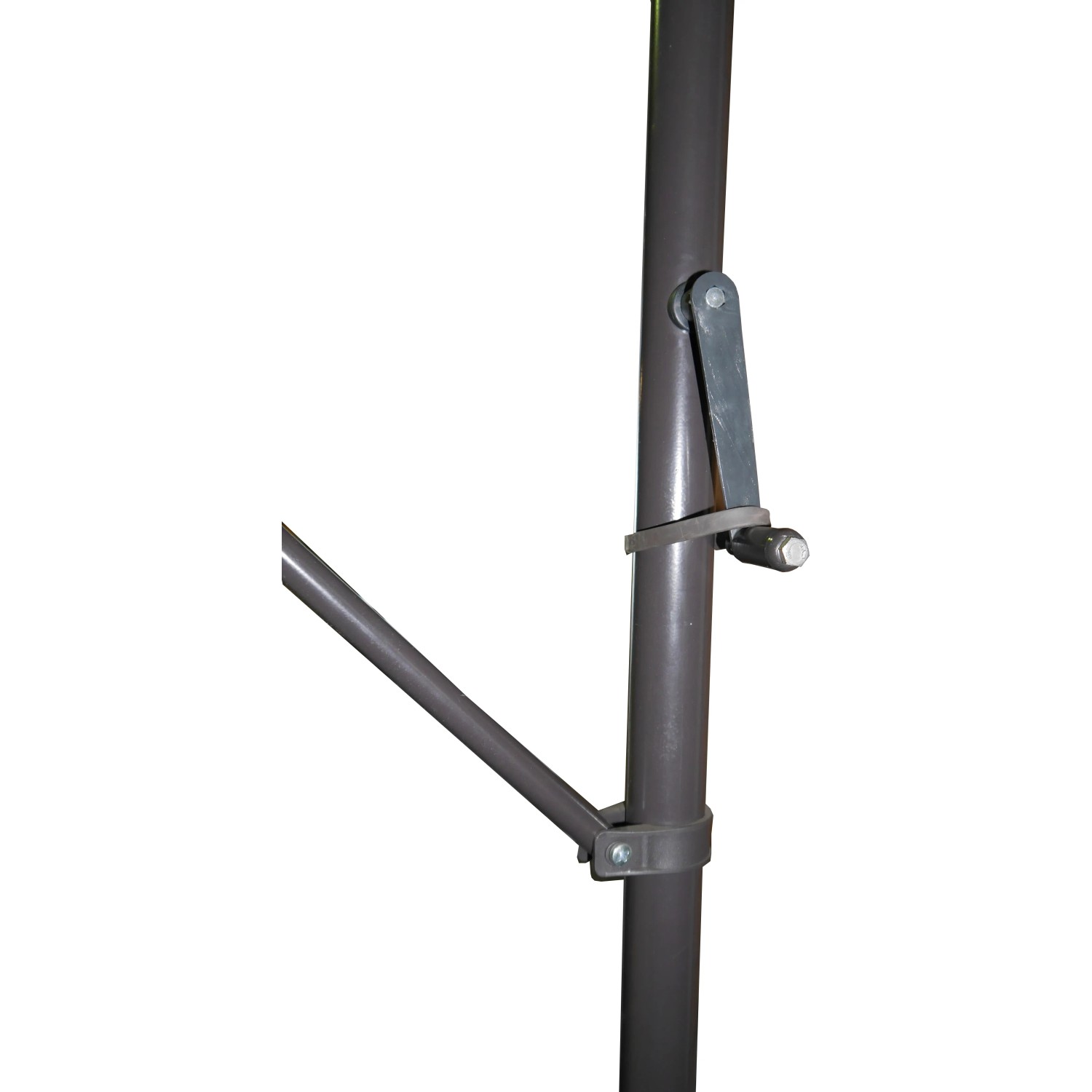 Detailaufnahme der braunen Angerer Klemmmarkise mit Kurbel und Gestänge.