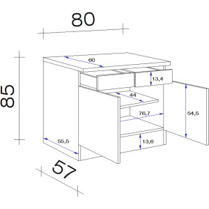 Skizze: Flex-Well Classic Unterschrank Florida, 80 cm, Weiß/Sonoma Eiche, mit Maßen. Küchenunterschrank mit Schubladen und Drehtüren.