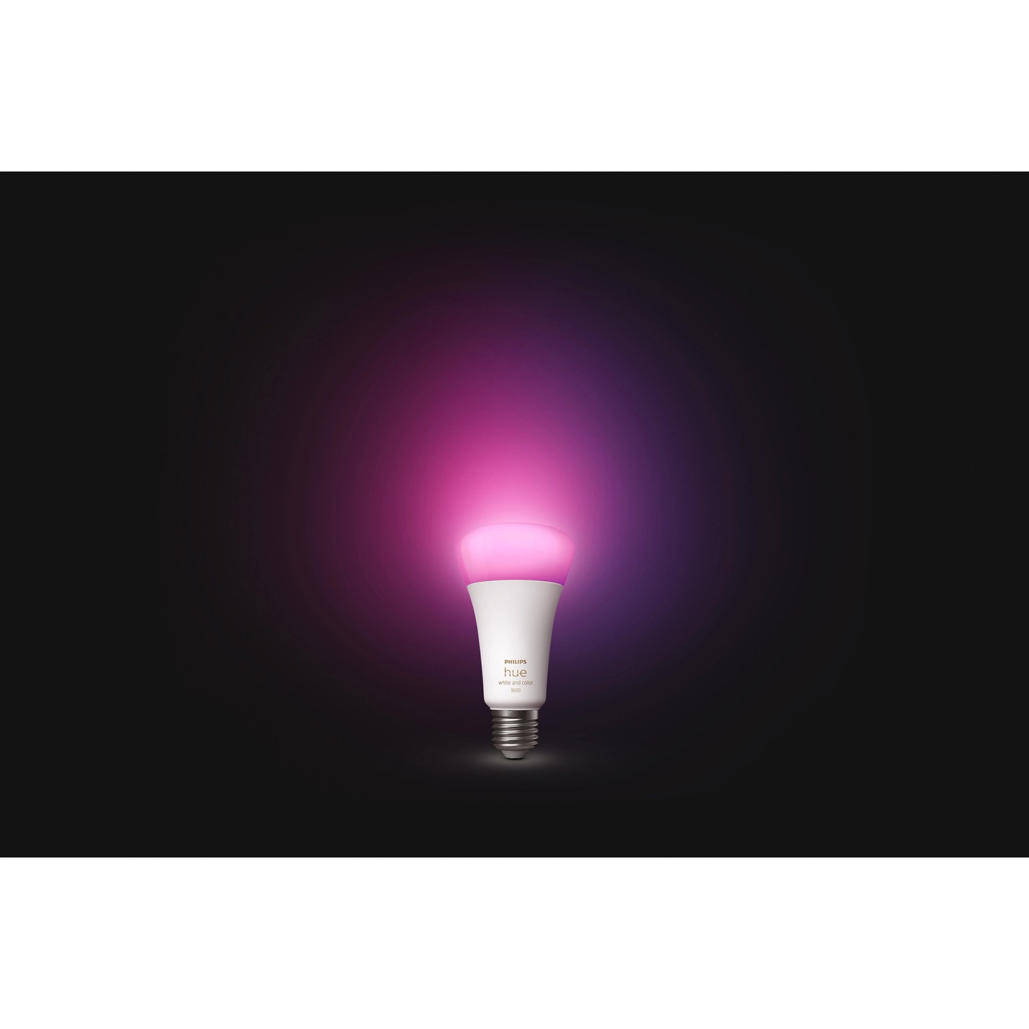 Philips Hue E27 LED Lampe, White & Color Ambiance, 1600 lm, mit pinkfarbenem Licht.