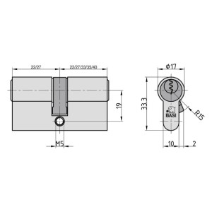 Technische Zeichnung Basi V50 Profil Kurzzylinder 27/35 mm, verschiedenschließend, Maße und Details.