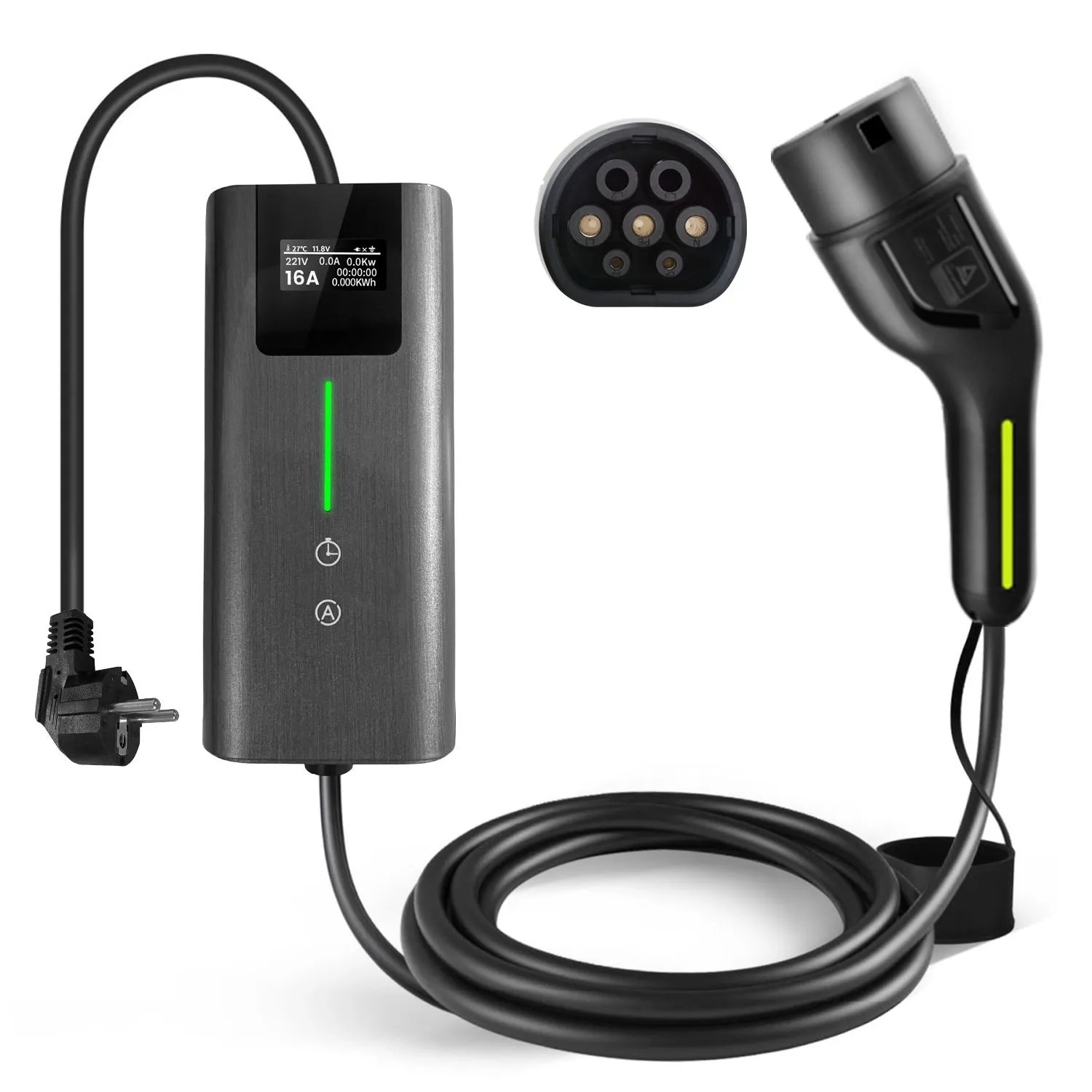 Schwarzes Junsun Typ 2 EV Ladekabel 5M mit 3KW Ladegerät, Display und EU-Stecker für Elektrofahrzeuge.