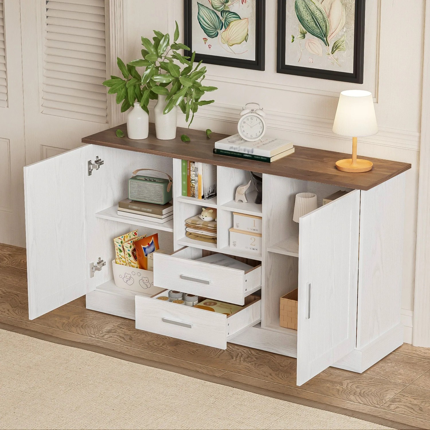 okwish Sideboard mit 2 Türen 2 Schubladen Wohnzimmer 140x40x79cm Weiß_3