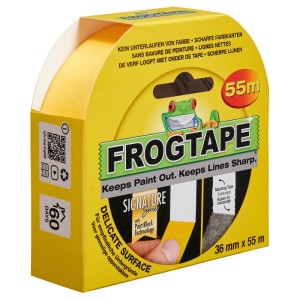 Gelbes FrogTape Washi-Malerband Delicate 36mm x 55m in Verpackung. Für scharfe Farbkanten auf sensiblen Oberflächen.