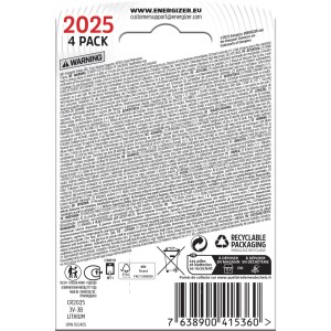 Energizer CR2025 Lithium Knopfzellen, 4er-Pack für elektronische Geräte.