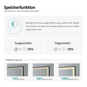 Emke Badspiegel Infografik: Dimmbare LED-Beleuchtung mit Speicherfunktion. Zeigt Helligkeitseinstellungen von 10% bis 100%.