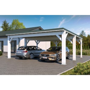 Holzbrüder Carport Ralf 42 in Reinweiß/Dornengrün mit zwei parkenden Autos.