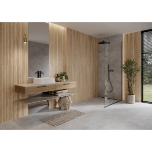 Badezimmer mit Wandfliese Lamellenoptik in hellem Beige, 89x29 cm. Moderne Badgestaltung.