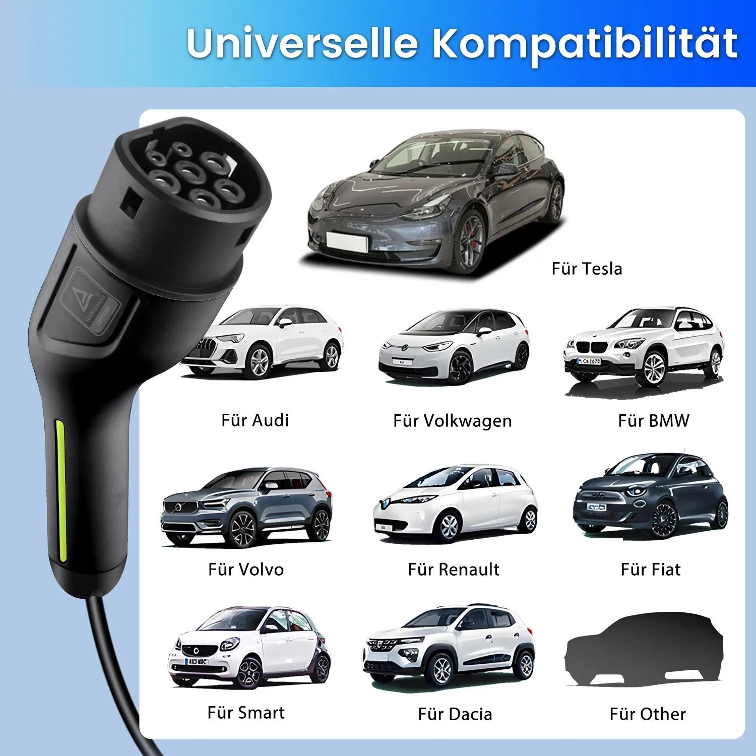 Junsun Typ 2 Ladekabel & EV Ladegerät. Universelle Kompatibilität mit Elektrofahrzeugen wie Tesla, Audi, VW, BMW.