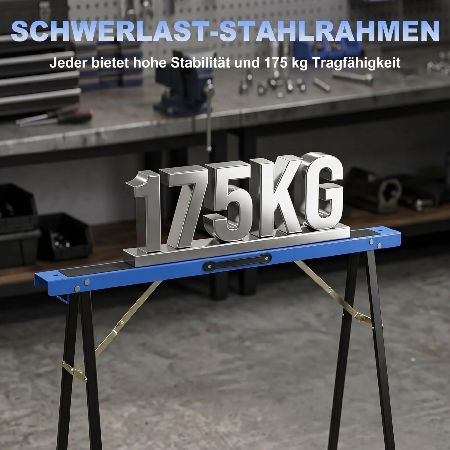 HOMCOM Arbeitsbock blau-schwarz aus Metall mit 175 kg Tragfähigkeit in Werkstatt. Robuster Sägebock für schwere Lasten.