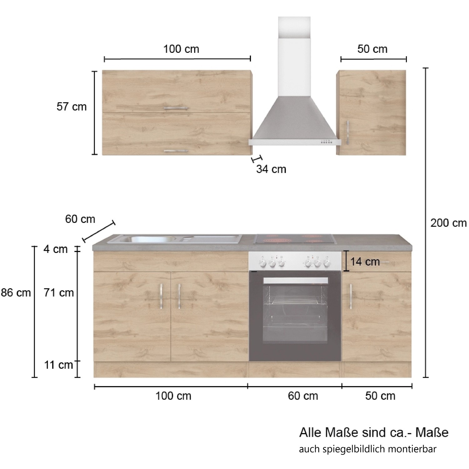 Held Möbel Küchenzeile Sorrento 210 cm in Wotaneiche Optik, ohne E-Geräte.
