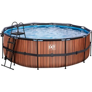 EXIT Wood Pool, braun, ø 427 cm, mit Leiter, Abdeckung und Wärmepumpe.