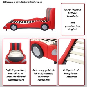Schwarzes-silbernes Autobett 190x100cm mit Lattenrost und Kunstlederbezug.