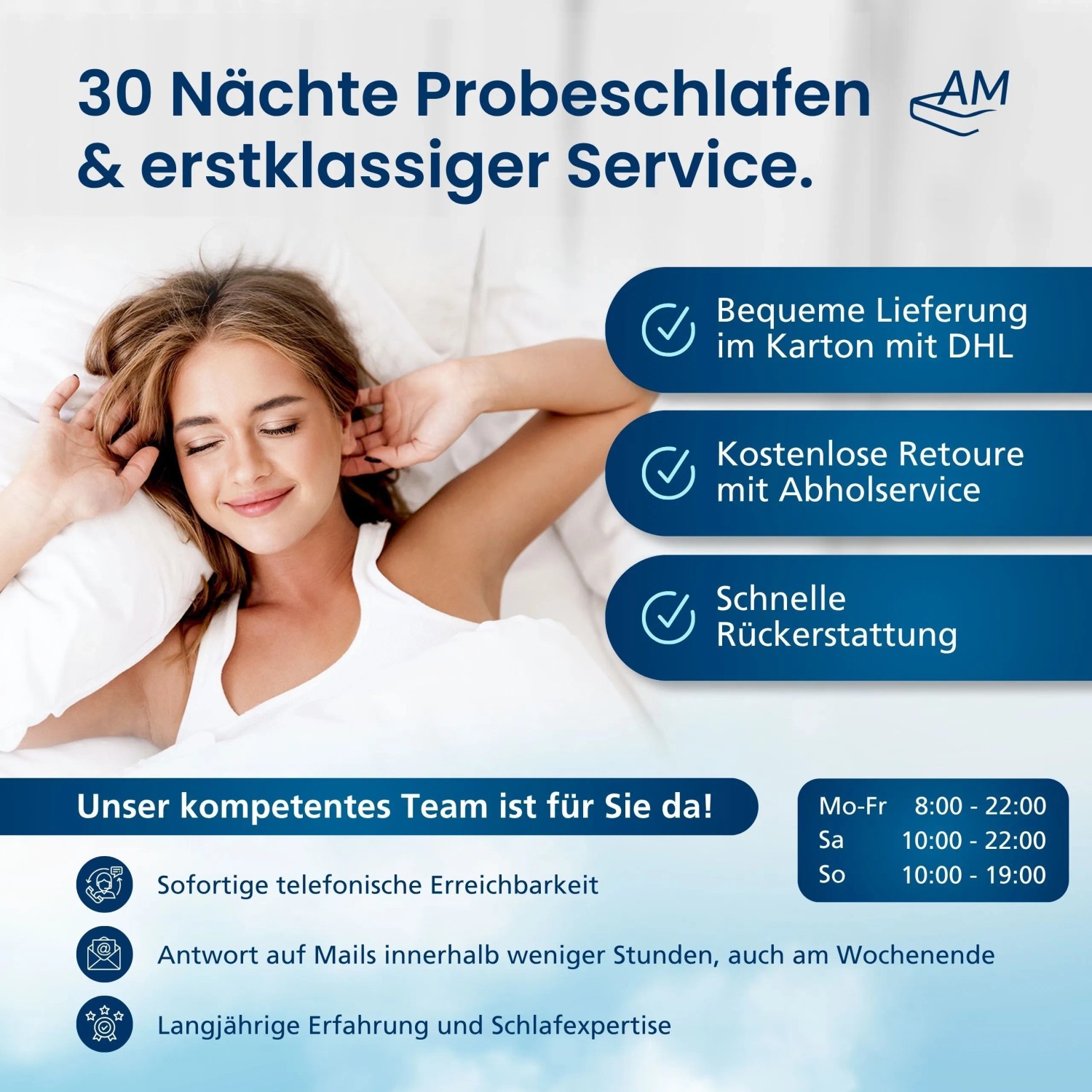Frau schläft entspannt. 30 Nächte Probeschlafen, Lieferung, Retoure & Service für AM Gelschaum Topper.