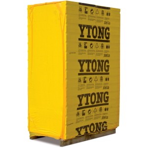 Verpackte Ytong Plansteine PP2-0,50, 62,5x25x5cm, auf einer Palette. Porenbetonsteine für den Innenausbau.