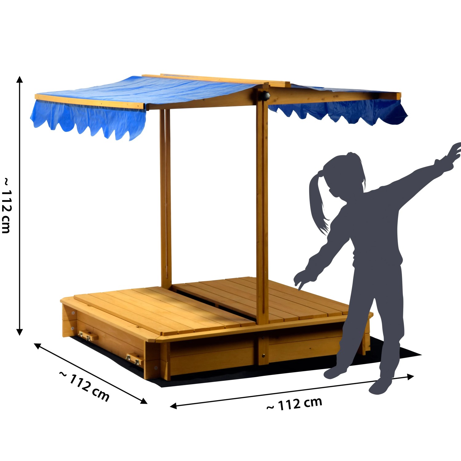 Quadratischer Dobar Sandkasten mit blauem, schwenkbarem Dach aus Holz, 112x112x112 cm.