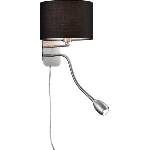 Moderne Trio Wandleuchte mit schwarzem Stoffschirm und flexibler Leselampe.
