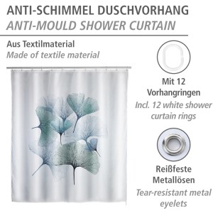 Wenko Anti-Schimmel Duschvorhang Ginkgo, weiß mit Ginkgo-Blätter Design, inkl. 12 Ringe.