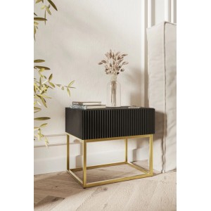 Selsey Nachttisch Veldio, schwarz mit Rillenfront und goldfarbenem Gestell. Modernes Design für Schlafzimmer, 50 cm.