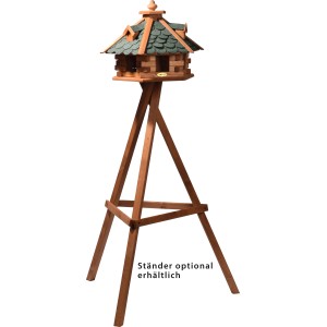 Rustikales XL-Vogelfutterhaus im Blockhaus-Stil mit grünem Dach auf optionalem Ständer.