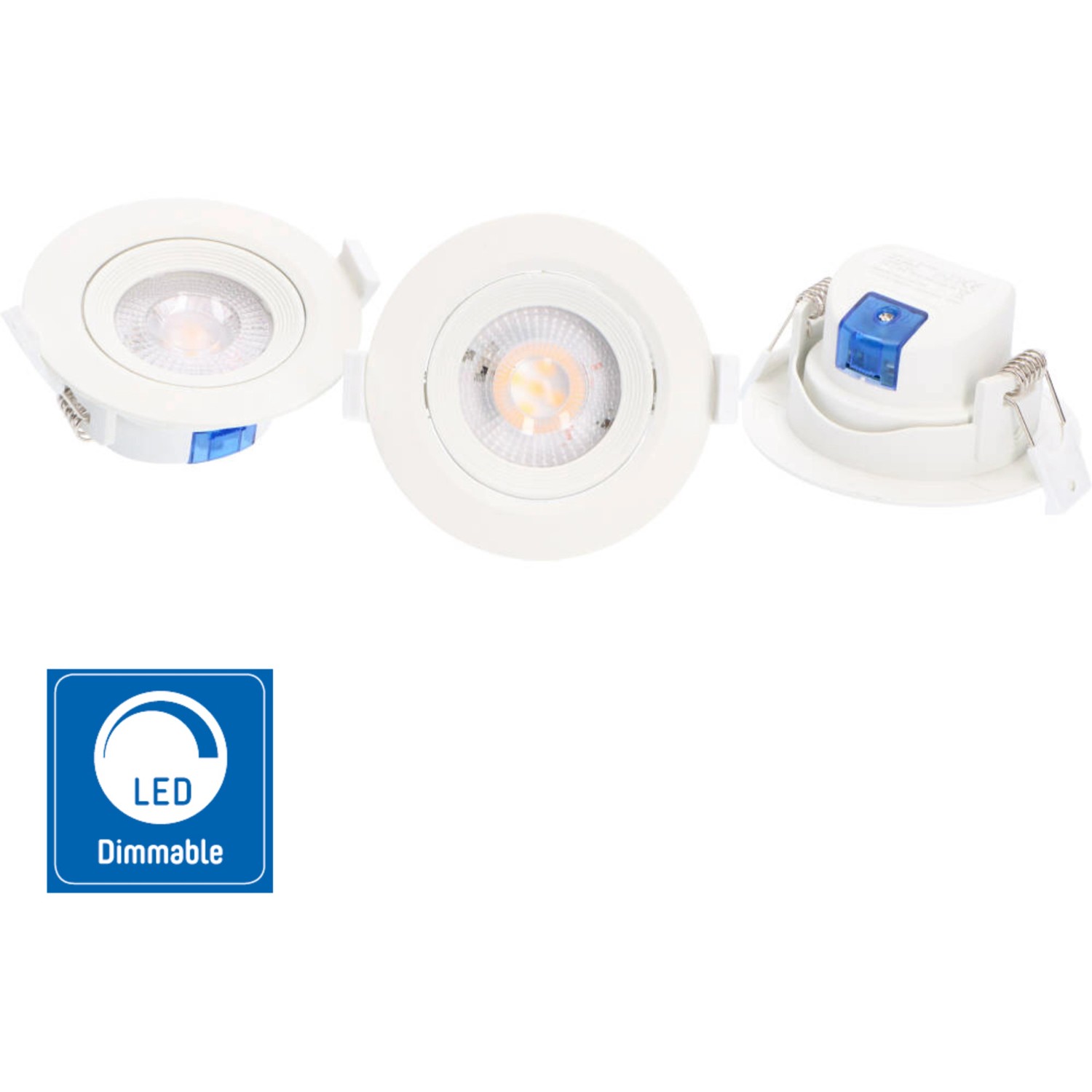 Dimmbare, weiße LED-Einbaustrahler, 3er-Set, 5W, 2700K, Ø 6,8cm.
