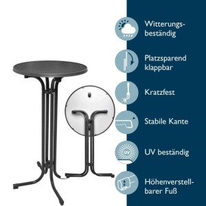 Beautissu Stehtisch Bellini, Ø 70cm, grau, mit Husse anthrazit. Klappbarer Bistrotisch für Partys und Gastronomie.