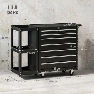 Schwarzer HOMCOM Werkstattwagen aus Stahl mit 7 Schubladen, abnehmbarem Regal, Rollen und Griff. 120 kg Traglast.