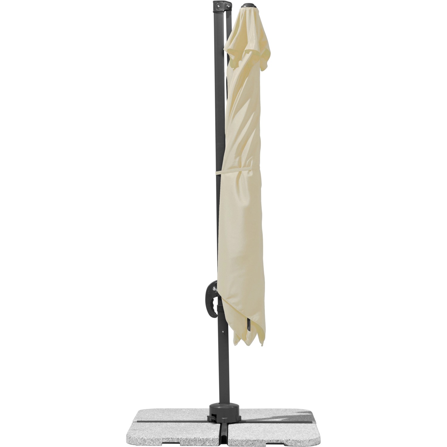 Geschlossener, naturfarbener Schneider Ampelschirm Rhodos Junior mit Kurbel und Plattenständer.