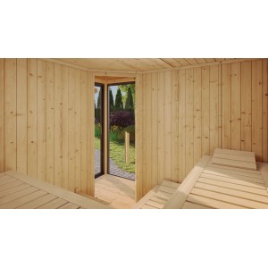 Innenansicht Design-Saunahaus 412 mit Liegen und Glaschiebetür zum Garten.